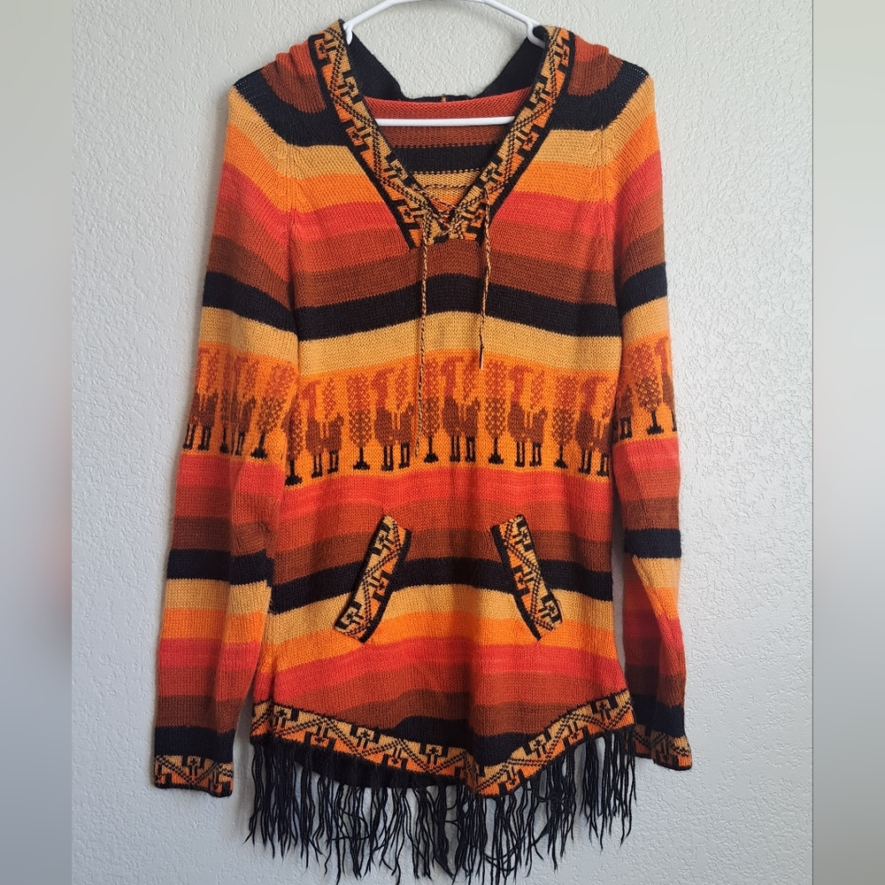 Woman's Alpaca Blend Orange Red Llama Fringe Hand Knit Hooded Sweater